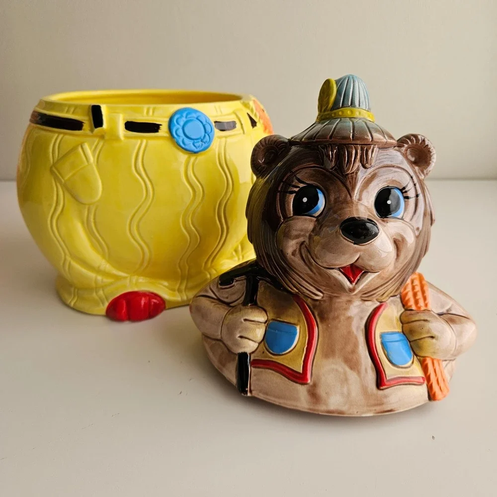 Vintage 1960s Ceramic Bear Miner Hiker 2 Piece Cookie Jar Made in Japan NEW